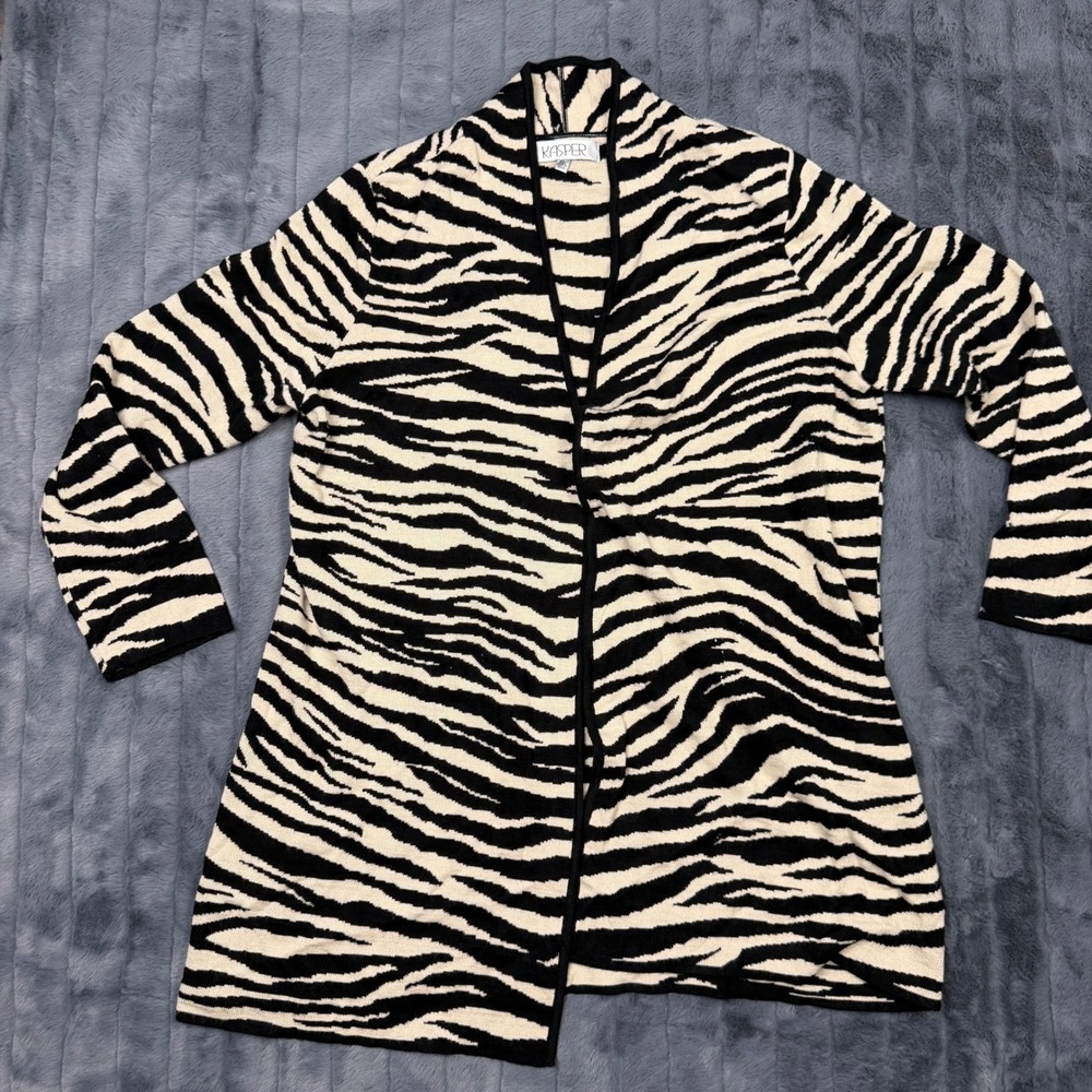 Kasper Zebra Print Cardigan Sweater Womens XL Black White Wool Blend Open Front